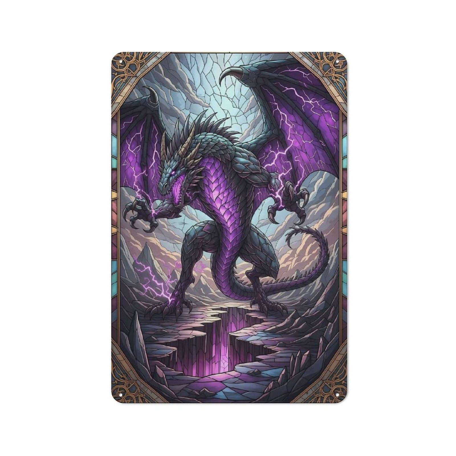 Metal Wall Plaque with Purple Lightning Dragon Stained Glass Design 30x20cm, Retro Room Wall Plaque for Home, Shop, Pub Or Studio Wall