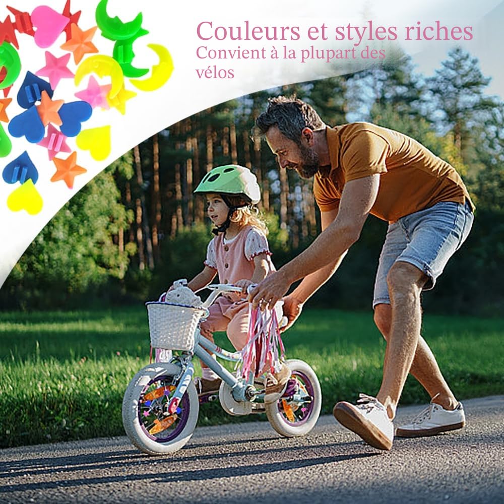 2 Paires de Vélo Tassels et 36 Perles de Rayons, Accessoires de Vélo pour Filles Perles de Clip de Vélo Rubans à Pompons Colorés Banderoles de Guidon de Vélo + Perles de Rayons