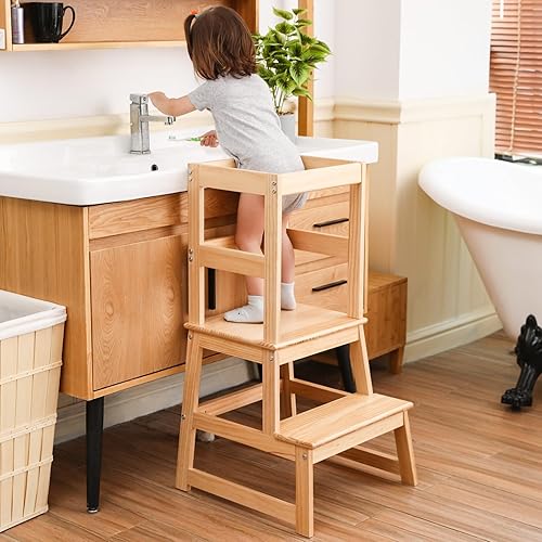Miniatura 10 de Taburete de cocina de altura ajustable, taburete de aprendizaje para niños con riel de seguridad para encimera de cocina, taburete de cocina