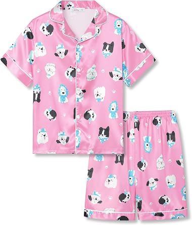 Tebbis Girls Silky Satin Pajamas Short Sleeve Button-Up Set Size 6/7-16
