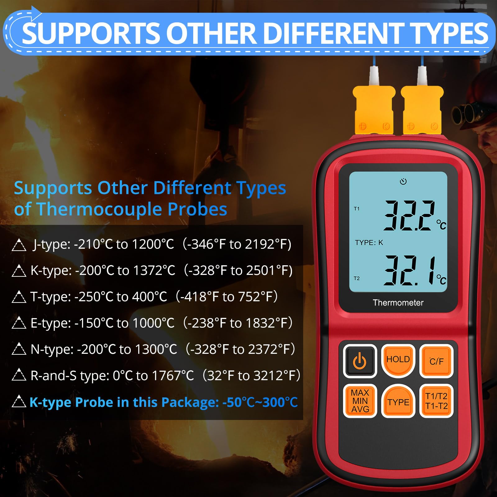 Dual Digitales Thermometer, CAMWAY Temperaturmesser mit 2 Channels K-Type & LCD Anzeige Hintergrundbeleuchtung, Thermoelementen Sensor Sonde Temperaturmessgerät für Thermoelement Typen K/J/T/E/R/S/N