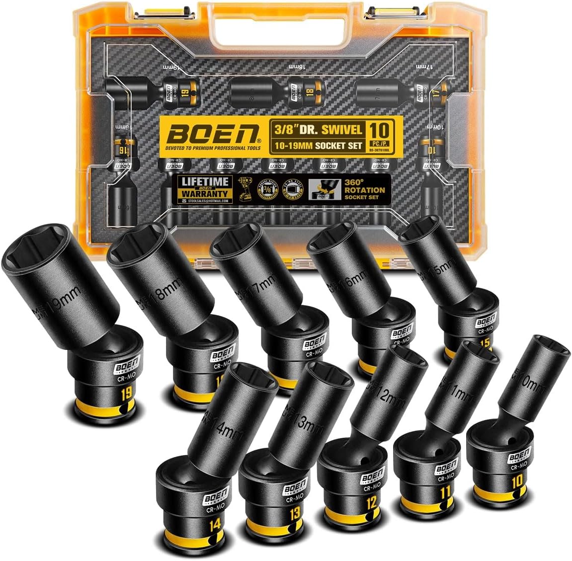 boen 3/8" Drive Deep Universal Impact Socket Set, 10PCS Metric Swivel Universal Joint Sockets (10-19mm), 6-Point Flexible Wobble Socket Set, Yellow Embossed Marking, CR-MO Steel