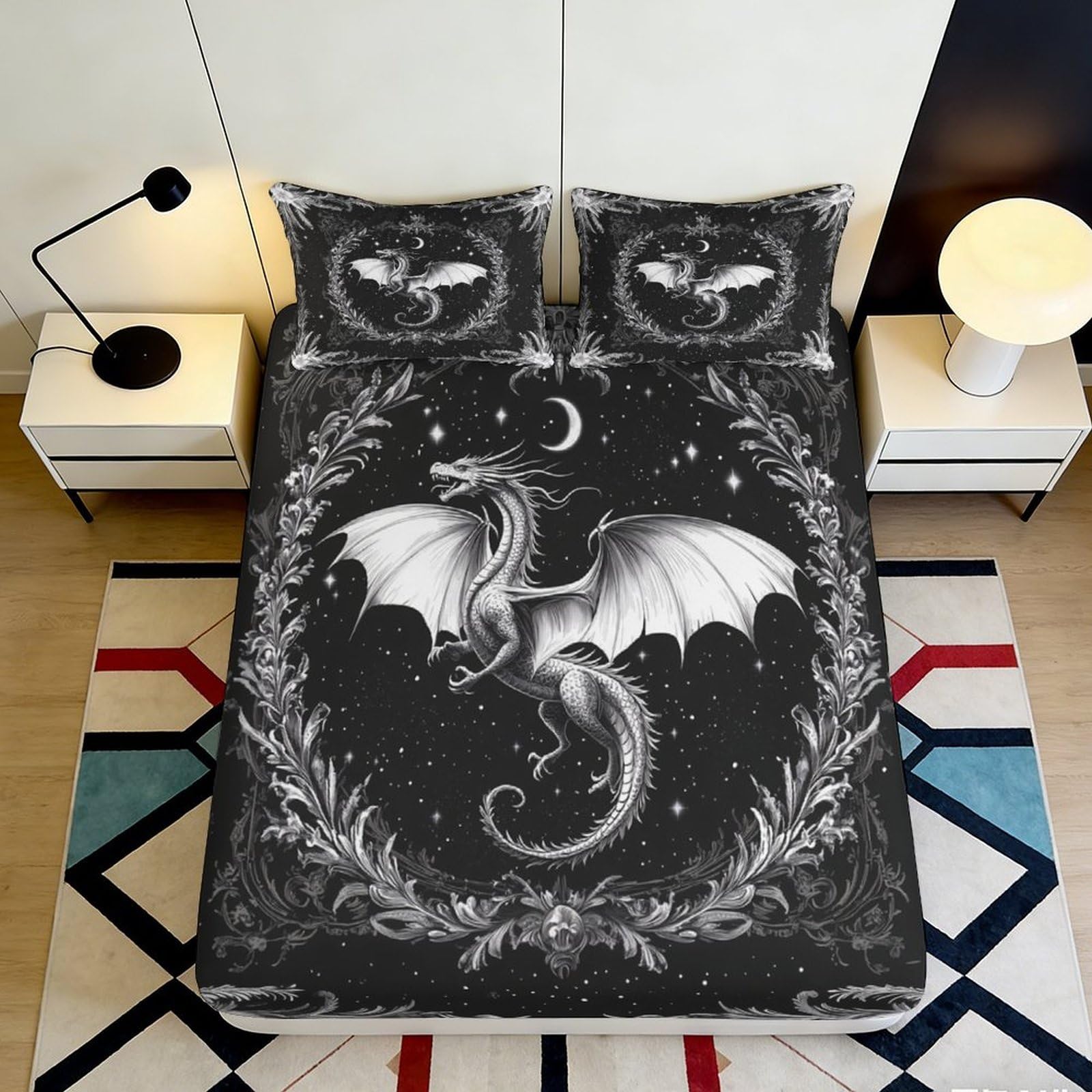3D Printed Black Dragon Fitted Sheet Microfiber Soft Breathable Moon Night Bed Cover for Bedroom Dorm Mattress Decor 90x200x25cm