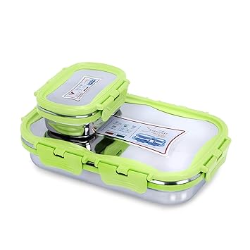 Stainless Steel Lunch Box Set - 2 Green Containers (925ml and 150ml Each)|Dishwasher Safe|Air Tight Container lids & Leakage Proof Tiffin Box|Office School Travel Picnic Lunch Box