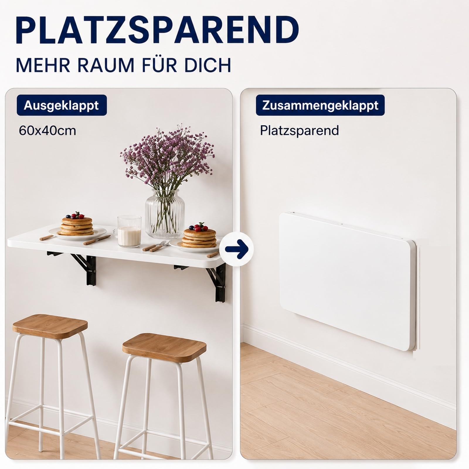 Wandklapptisch 60x40 cm Weiß, Klapptisch Wandmontage, 40 kg | Platzsparender Klapptisch aus Holzwerkstoff und Stahl, ideal als Esstisch, Schreibtisch oder Küchentisch.