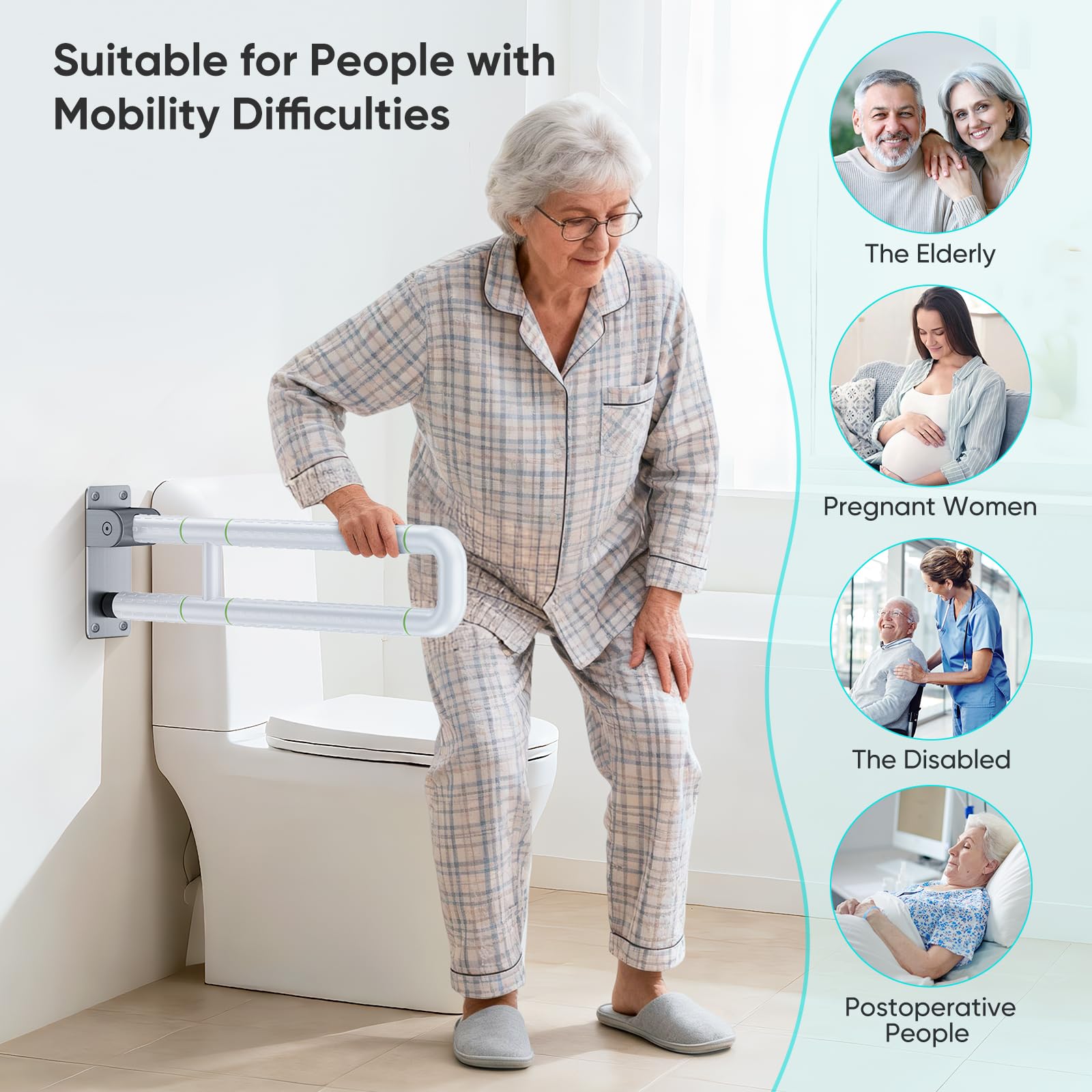60cm Maniglione Bagno Disabili, Maniglioni Bagno per Anziani, Capacità di 150 kg, Maniglione per WC, Maniglione Ribaltabile Bagno per Anziani, Incinta, Disabili