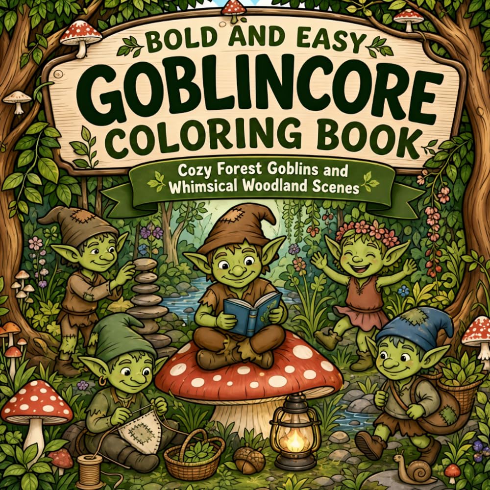 BOLD AND EASY GOBLINCORE COLORING BOOK: Cozy Forest Goblins and Whimsical Woodland Scenes