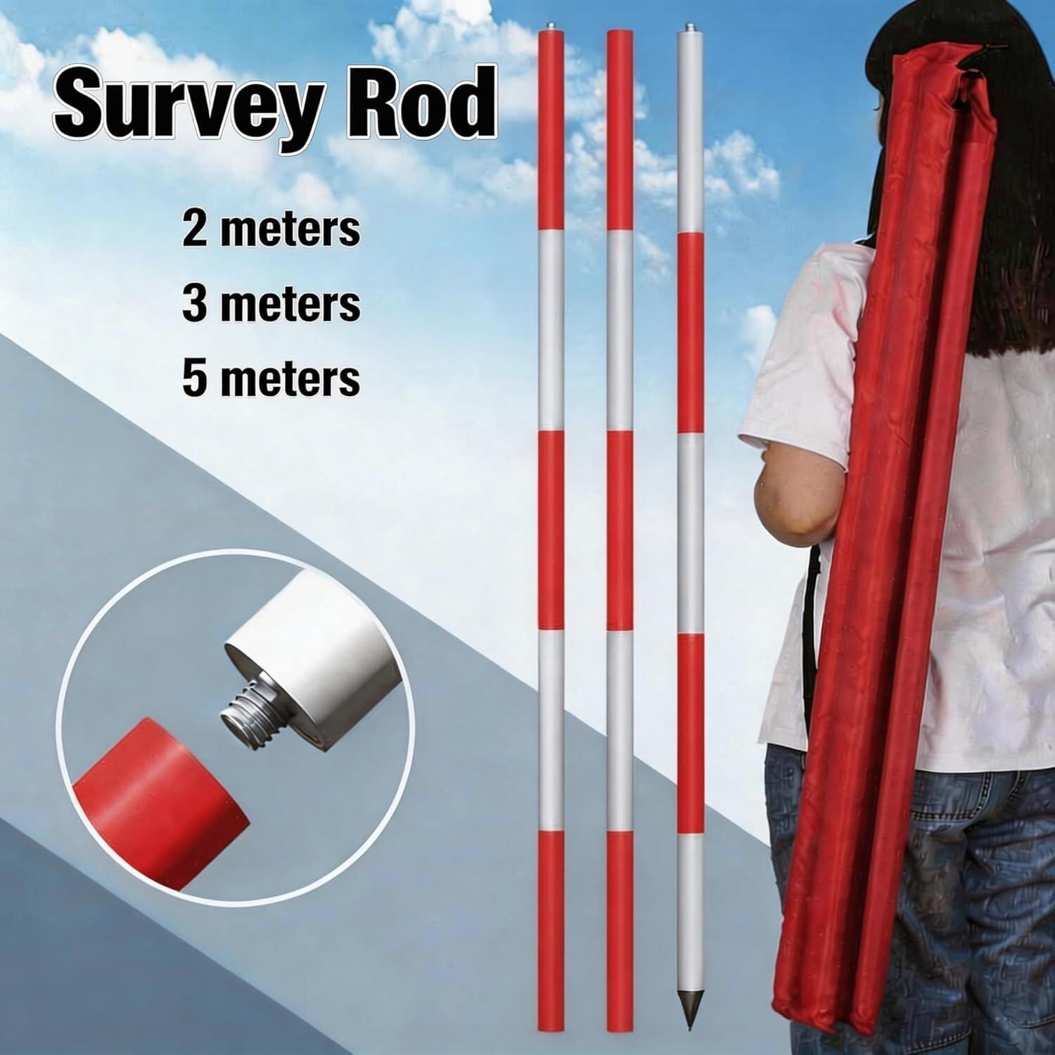 Varilla de topografía de aluminio roja Varilla topográfica telescópica de poste inspección aleación aluminio 5 m for detección túneles y metros(Length - 3 meters/118.11 inches)