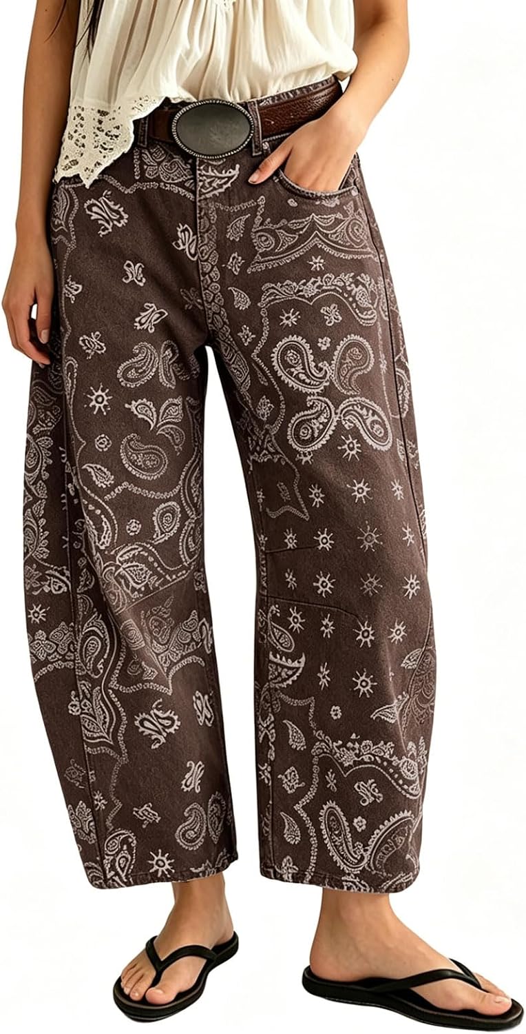 loveimgs Women Boyfriend Baggy Barrel Jeans Floral Print Denim Ankle Pants Wide Leg Mid Rise Jeans Sweatpants Y2k Patchwork