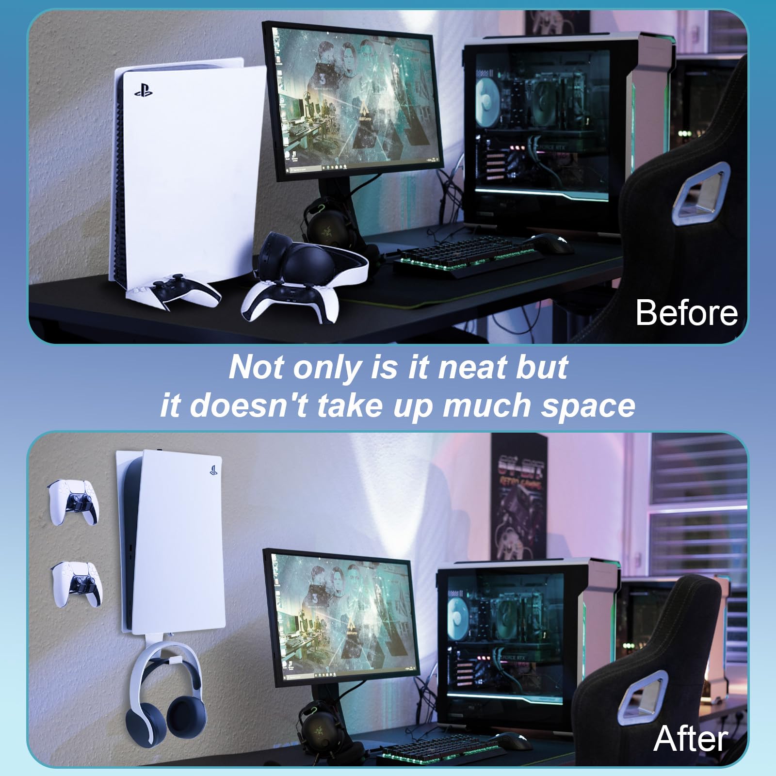 PS5 Wall Mount, Heavy-Duty Steel Mount Kit for Protection & Cooling with 2 Controller Holder and Headset Holder,Compatible with All PS5 Models Including Slim, Pro, Original. (White) - 3
