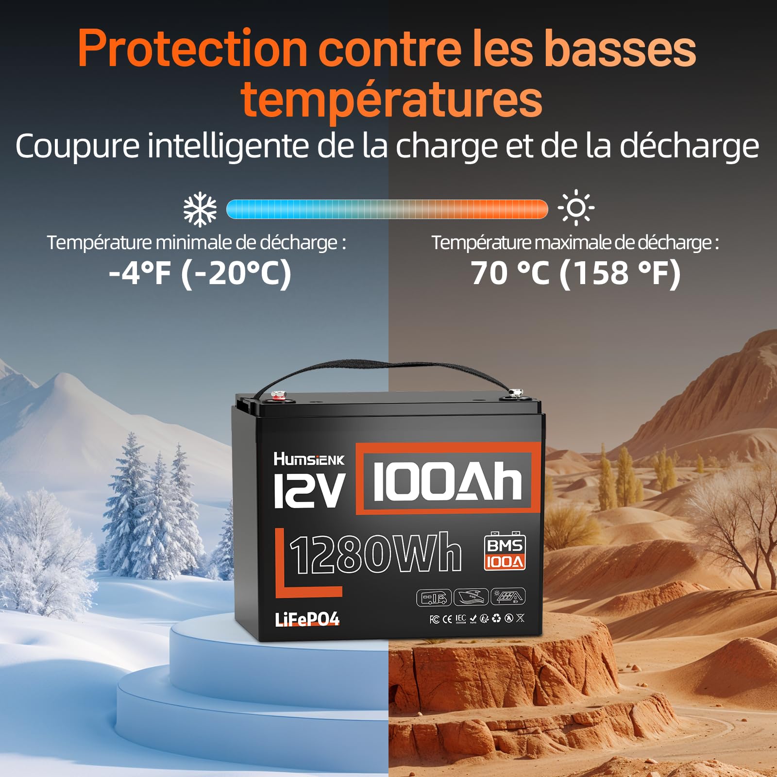 HumsiENK Lot de 3 Batteries Lithium LiFePO4 12V 100Ah, 1280Wh avec BMS Intelligent 100A, 15000 Cycles, Longue Durée 10 Ans, pour Camping-Car, Stockage Énergie Solaire, Systèmes Hors Réseau et Bateaux