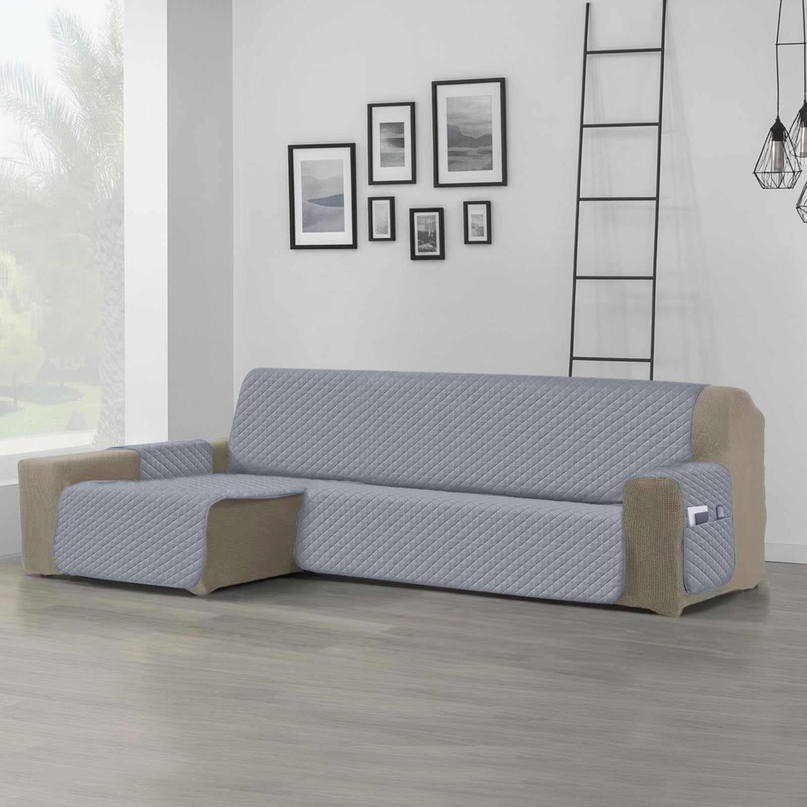 DALINA Funda de Sofá Chaise Longue Izquierda (2m de Ancho Total) Impermeable y Antideslizante, Cubre Sofá Ajustable con Bolsillos, Apto para Mascotas, Resistente al Desgaste, Lavable - Gris