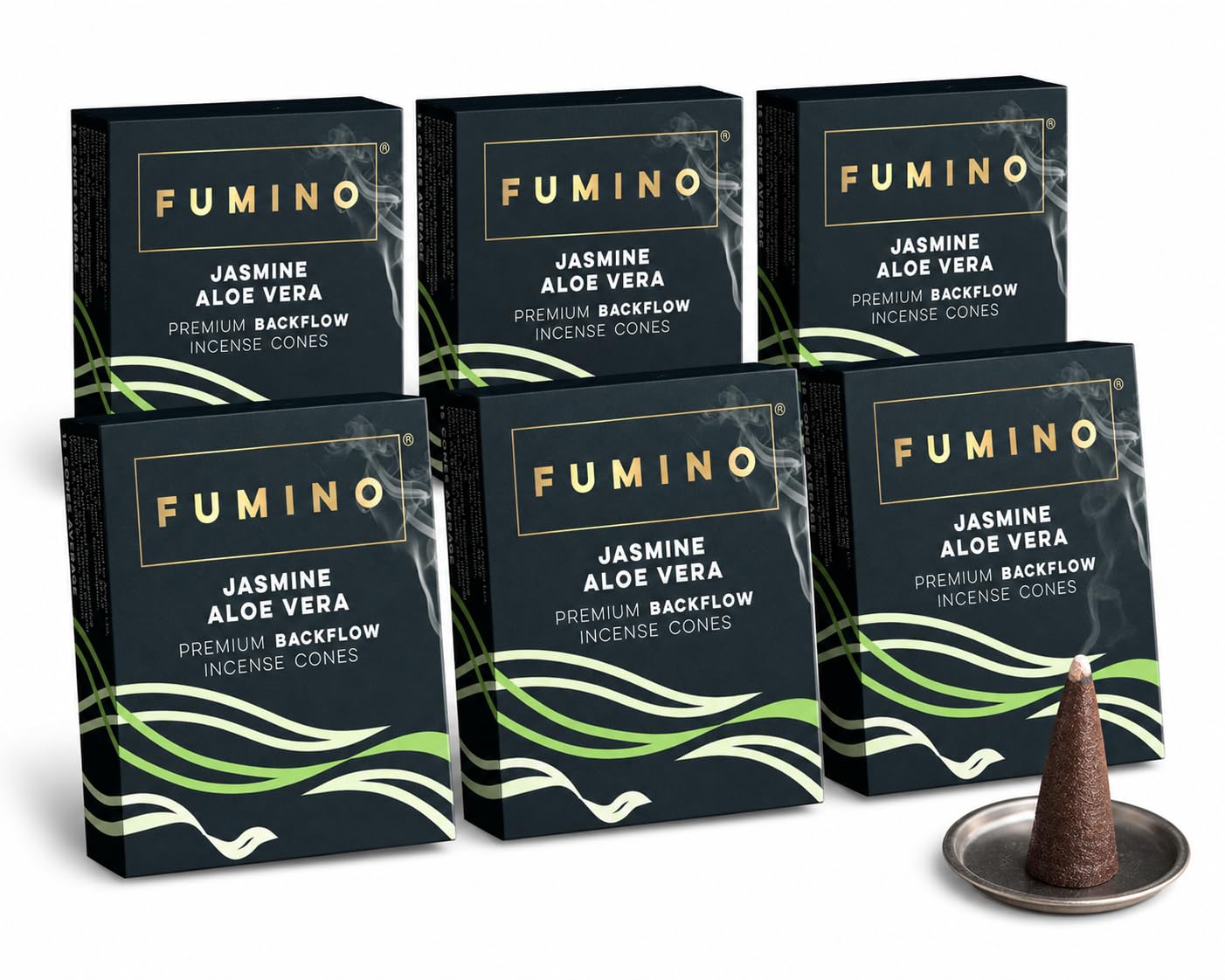 Fumino Jasmine Aloe Vera Backflow Incense Cones 90 Pack 6 Boxes - Natural Masala Cones for Waterfall Cascade Smoke & Meditation, Floral & Green Scent, Hollow-Core for Backflow Burners