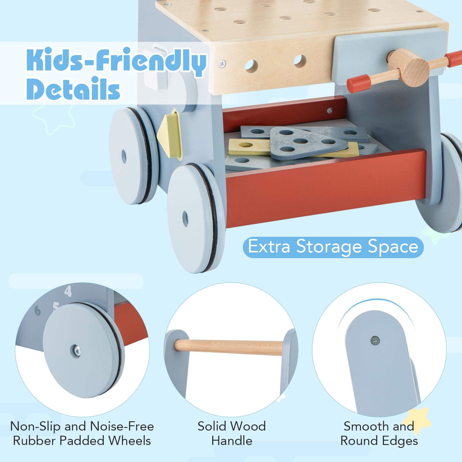 FANTASK Montessori, carrello 2 in 1, girello in legno, tavolo da lavoro per bambini a partire da 1 anno