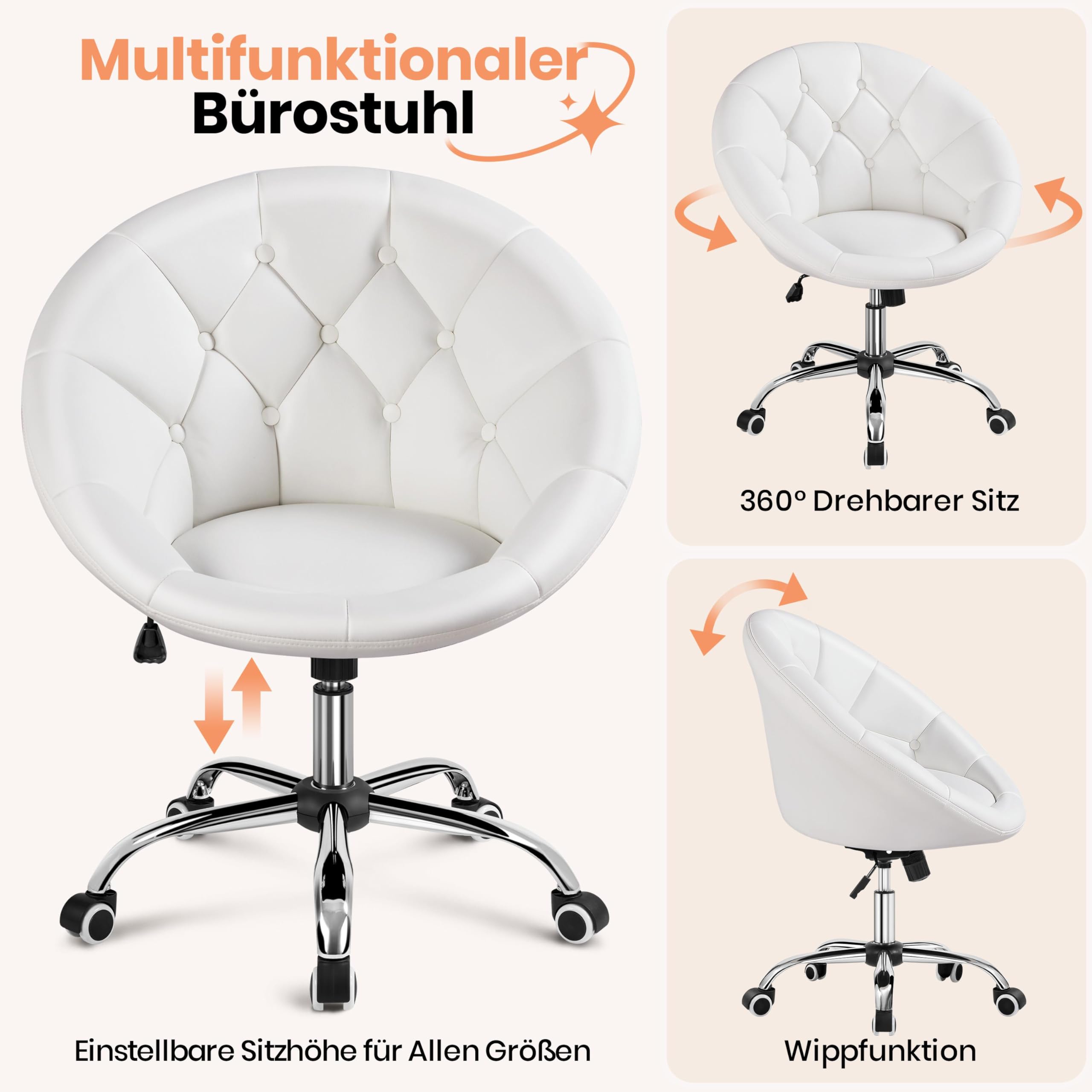 Yaheetech Schreibtischstuhl Runder Schminktisch Stuhl aus Kunstleder, Weiß | Bürosessel, höhenverstellbar Drehstuhl, Homeoffice Stuhl mit Rollen, bis 136 kg belastbar, für Arbeitszimmer, Schlafzimmer