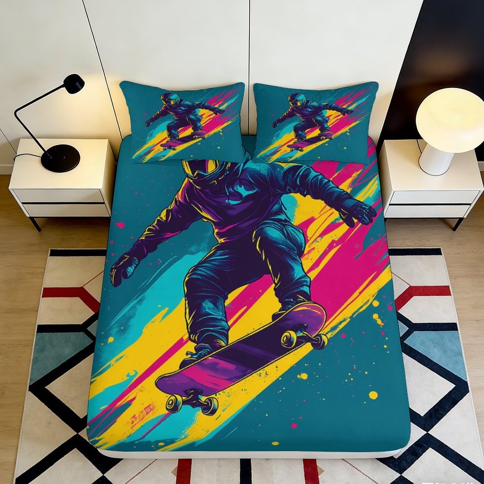 3D Printed Skateboard Rider Fitted Sheet Microfiber Vibrant Graffiti Mattress Cover for Bedroom Guest Room Decor 90x200x25cm