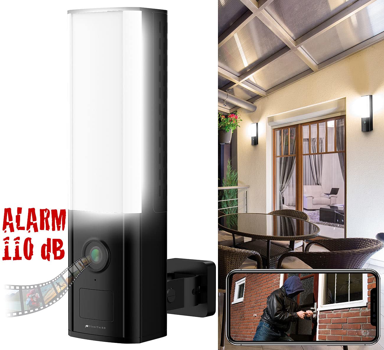 VisorTech LED-Außenwandleuchte, WLAN-2K-Kamera, PIR, Nachtsicht, Sirene, schwarz
