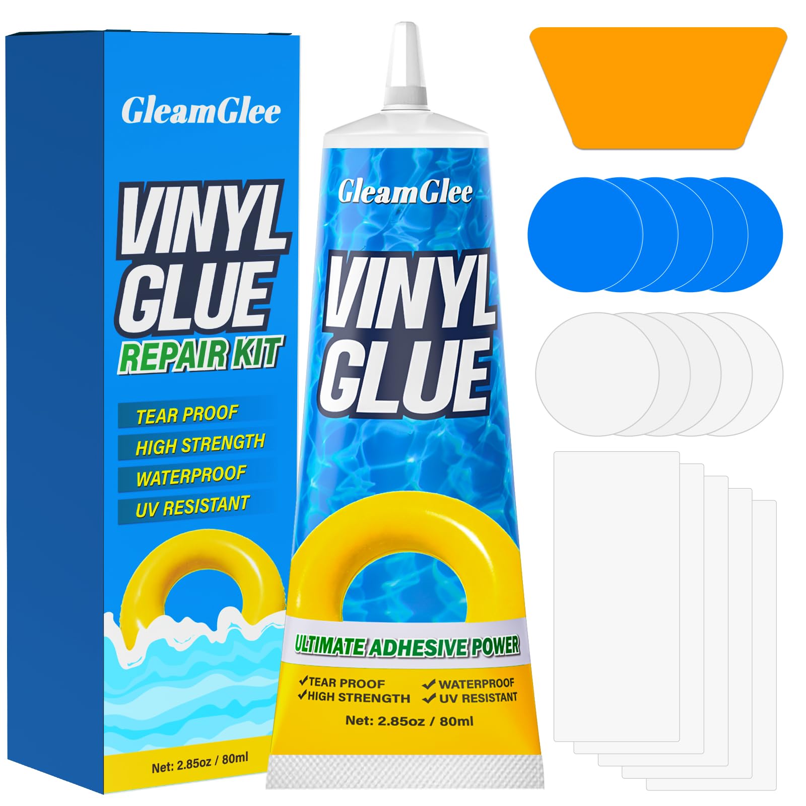 GleamGlee Air Mattress Patch Kit 80ML, Heavy Duty Waterproof Vinyl PVC Repair Glue for Inflatable Air Bed, Pool Float, Pool Liner, Hot Tub, Bounce House, Boat, Raft, Kayak, Paddling Pool & Inflatables