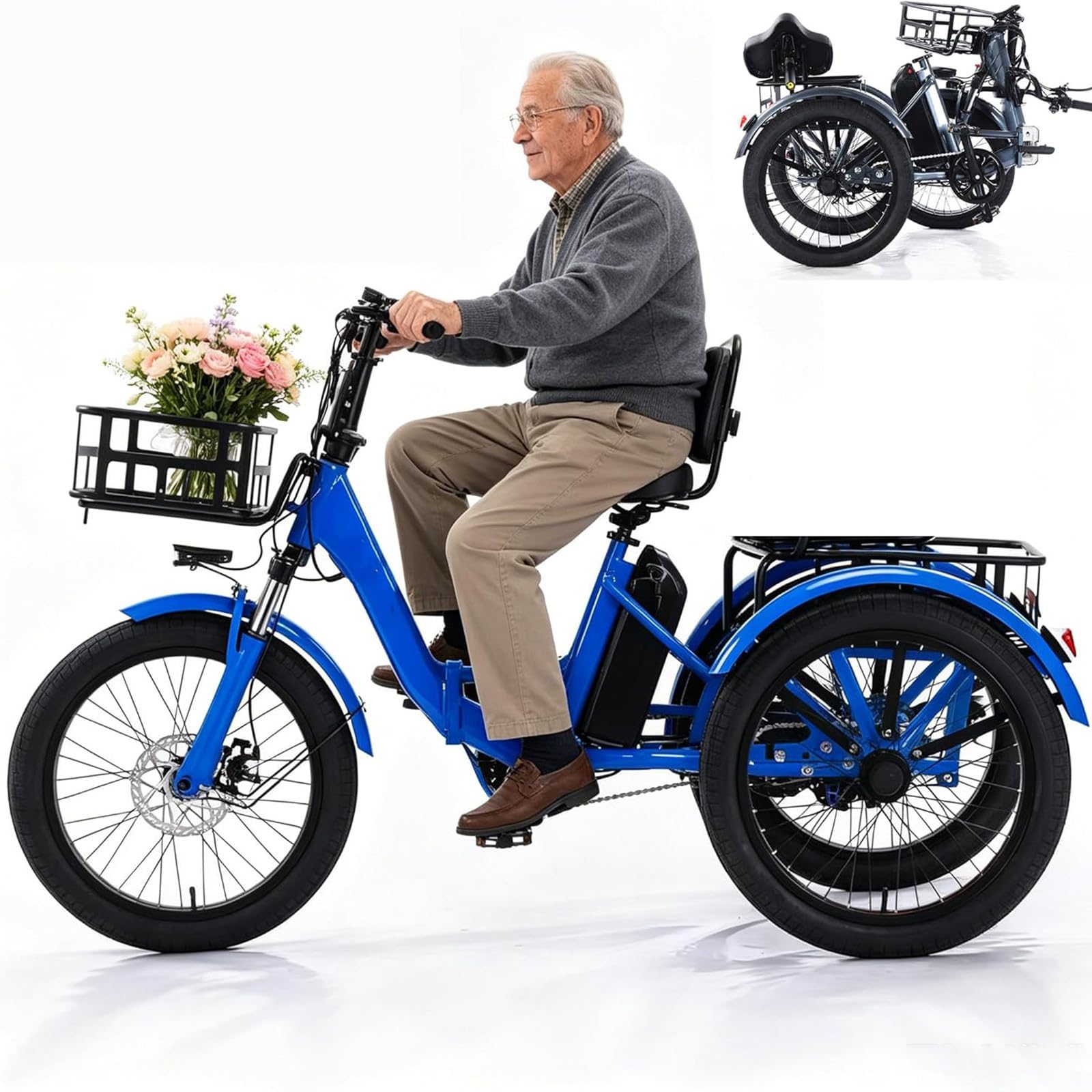 GCLCPAEN Adult Cruising Tricycle,Adult Folding Tricycle,20x2.5-Inch All-Terrain Tires,Front & Rear Basket,Lcd Screen,Adult Cargo Electric Trike,Daily Travel,For Elderly,Aldult