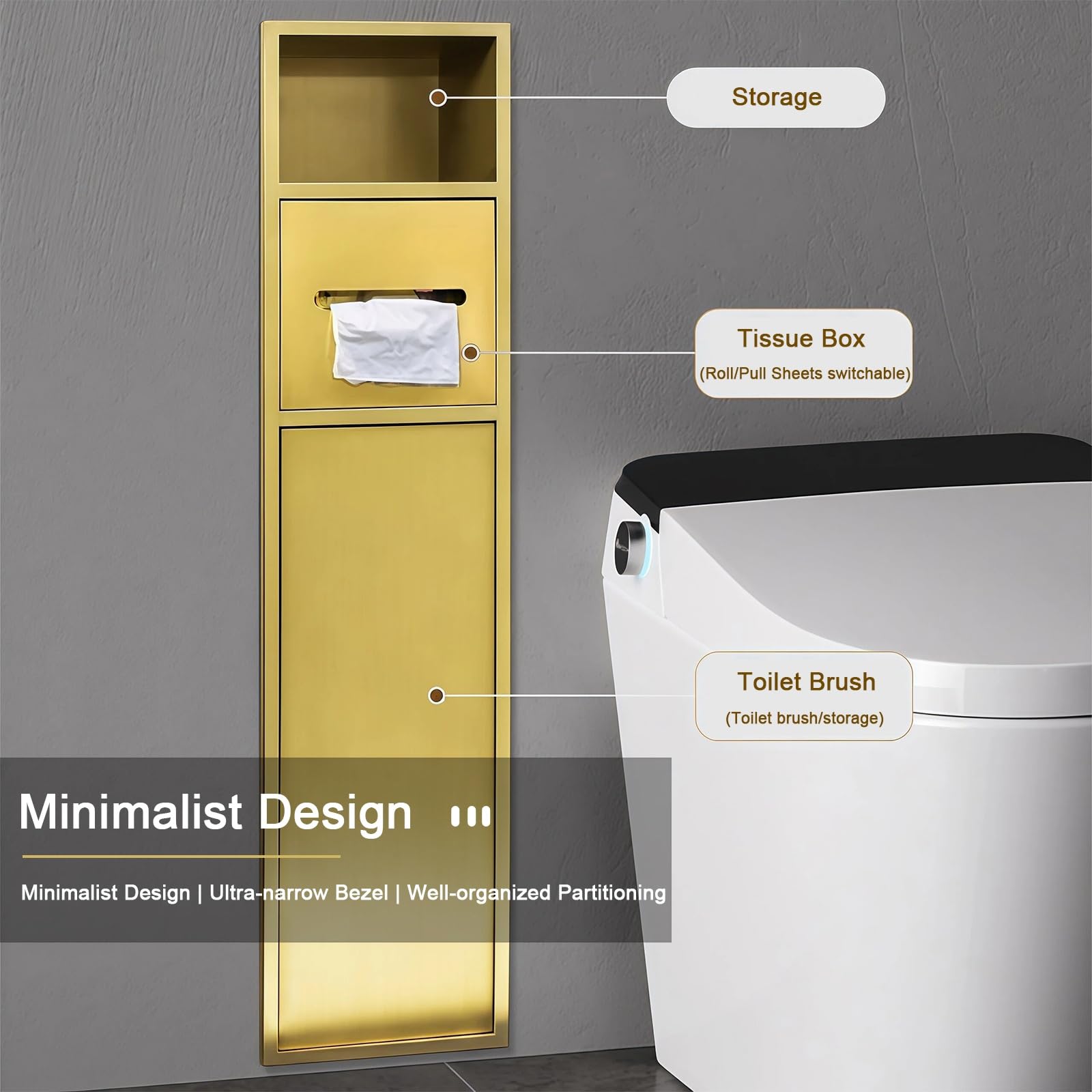 Inless - Soporte para escobilla de baño de acero para pared, ahorra espacio, armario para baño y hotel (gris, 16,5 x 60 x 12,5 cm)