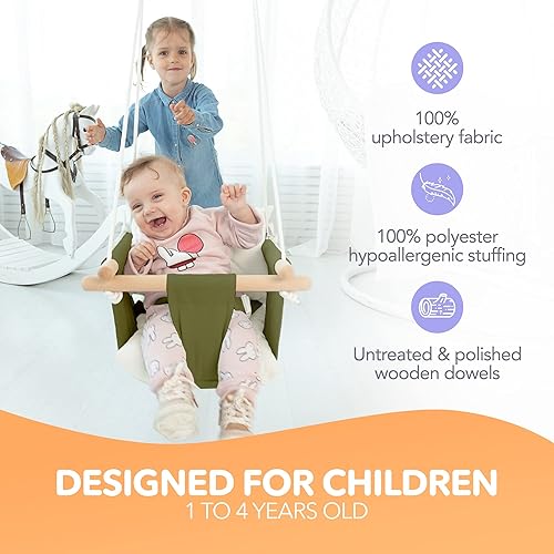 Miniatura 10 de CaTeam - Columpio de lona para bebé, silla colgante de madera con cinturón de seguridad, columpio duradera para bebé, columpio para exteriores e Azul