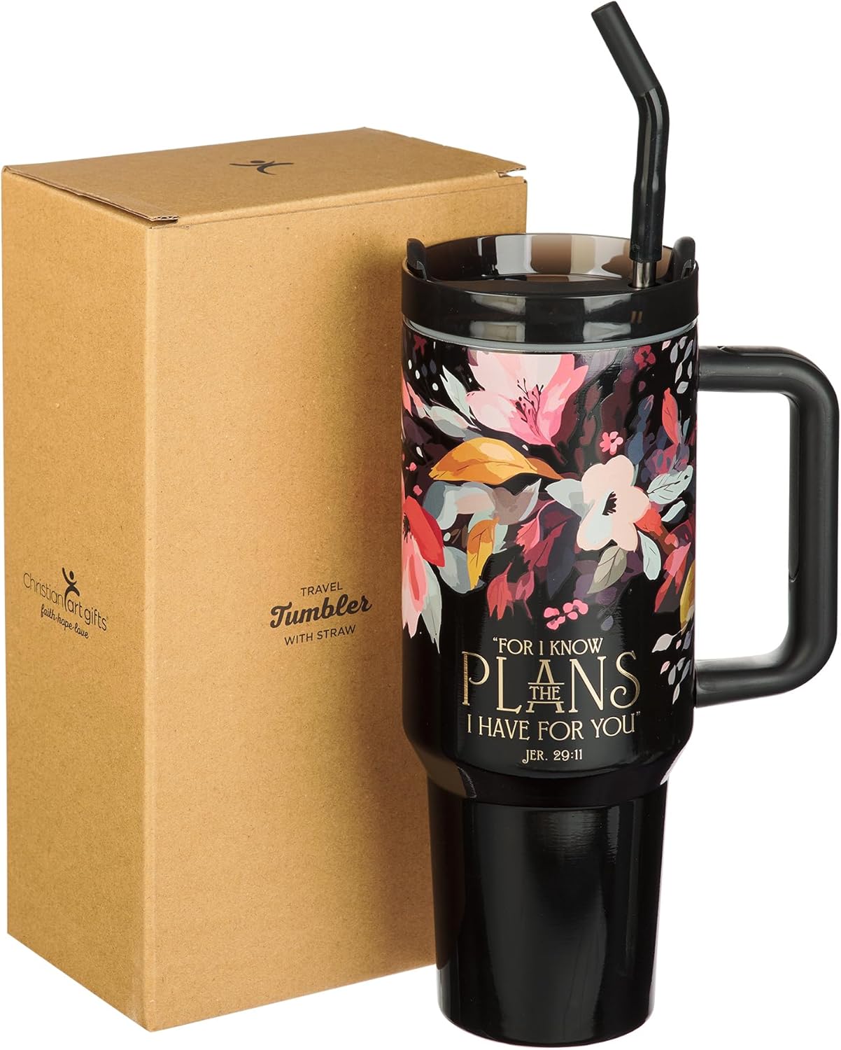 Christian Art Gifts Extra Large Stainless Steel Double Wall Vacuum Insulated Travel Tumbler for Women: Hope & Future Inspirational Scripture, Lid, Straw, Sturdy Handle, Black Multicolor Floral, 40 oz. - Image 10