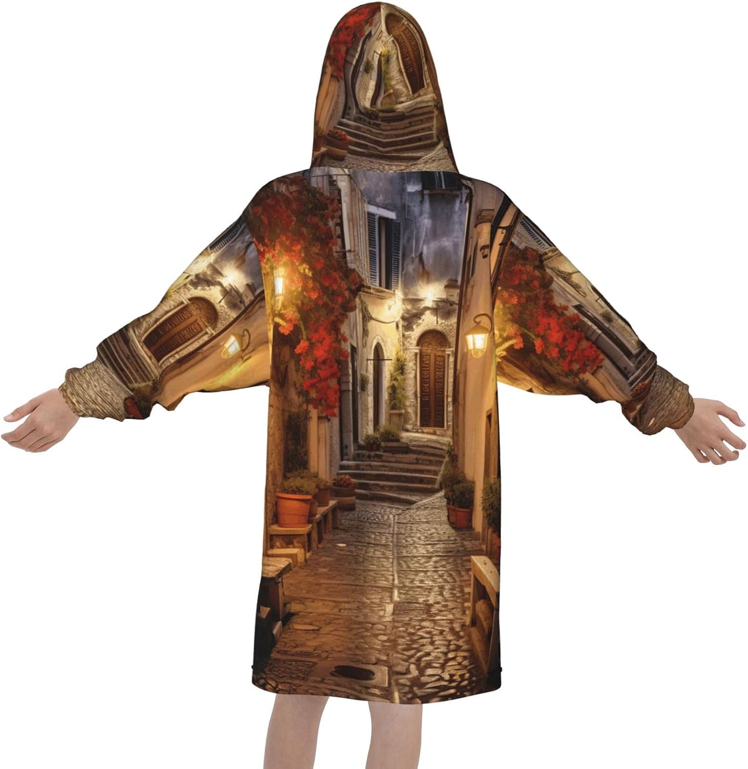 Italian Old Street Print Oversized Blanket Hoodie, Wearable Blanket Hooded,Hooded Pullover With Pocket