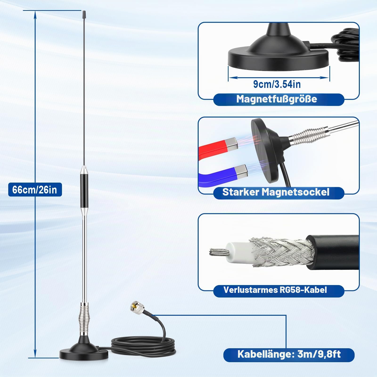 Eightwood CB Antenne 27MHz CB Mobilfunkantenne Auto Radio Antenne 66 cm Pl259 Antenna + 300 cm Verlängerungskabel für Midland President Cobra Uniden Anytone
