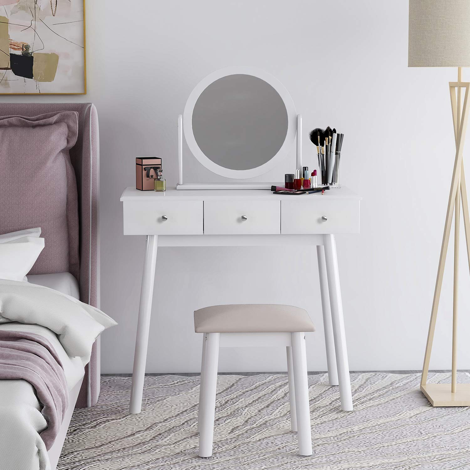 Kaptafel Met 3 Lades, Moderne Make-uptafel Met 360° Draaibare Led-verlichte Spiegel, Make Up Tafel Met Gecapitonneerde Kruk En Opbergkasten, Voor Slaapkamer (Color : Pink, Size : 120cm/47.2in