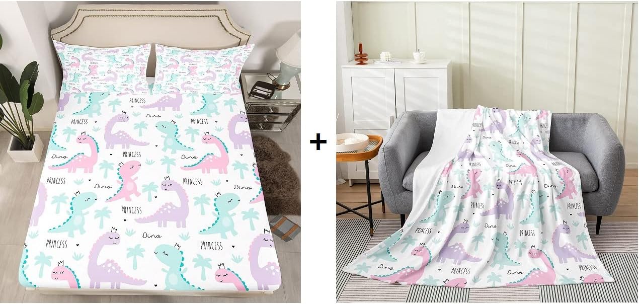 Erosebridal 1 Cartoon Watercolor Dinosaur Bed Blanket Baby Size + Twin Size Fitted Sheet + 1 Pillowcase for Kids Boys Girls Toddler