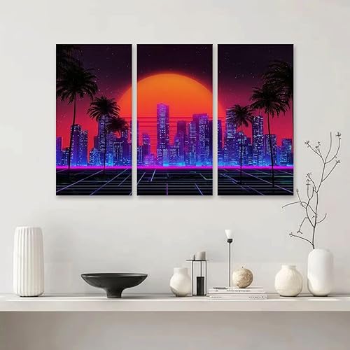 Miniatura 4 de 3 Piece Canvas Wall Art Prints Picture Retro wave synthwave vaporwave skyline scenery landscape Framed Wall Painting Modern Artwork Poster Home