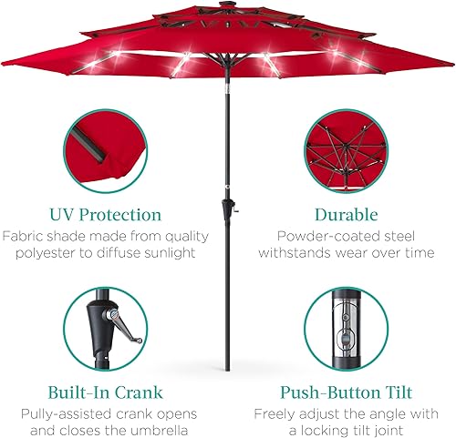 Miniatura 5 de Best Choice Products Sombrilla solar de patio de 3 niveles de 10 pies, parasol para mercado al aire libre, terraza, junto a la piscina con 24 luces