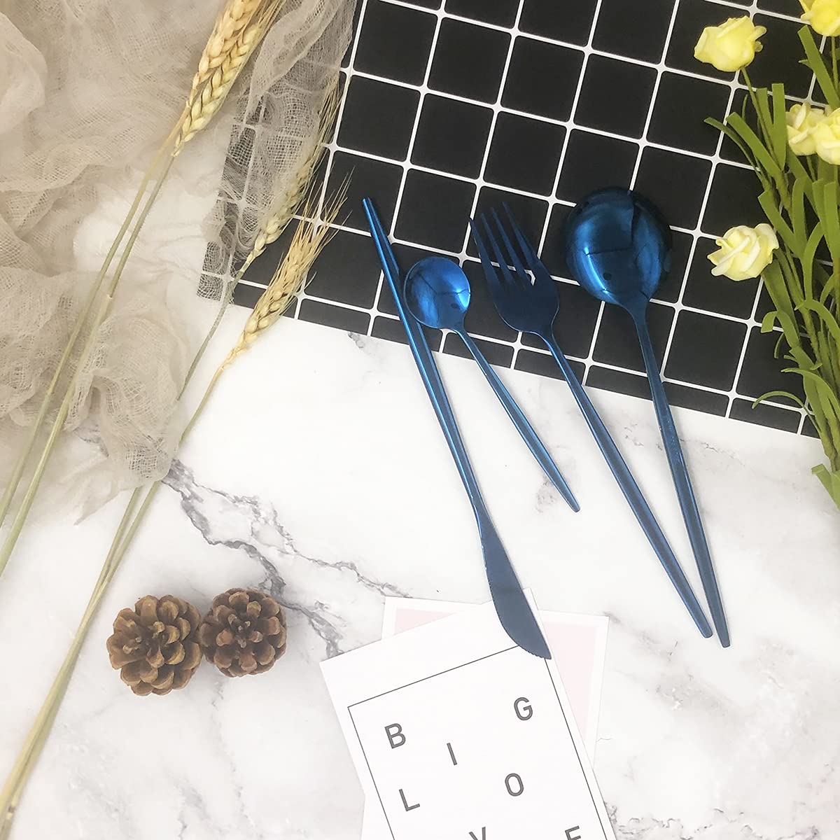Blaues Besteck-Set, 24-teilig, Edelstahl, hochglanzpoliert, Besteck-Set, Messer, Gabel und Löffel, für Zuhause und Restaurant, spülmaschinenfest