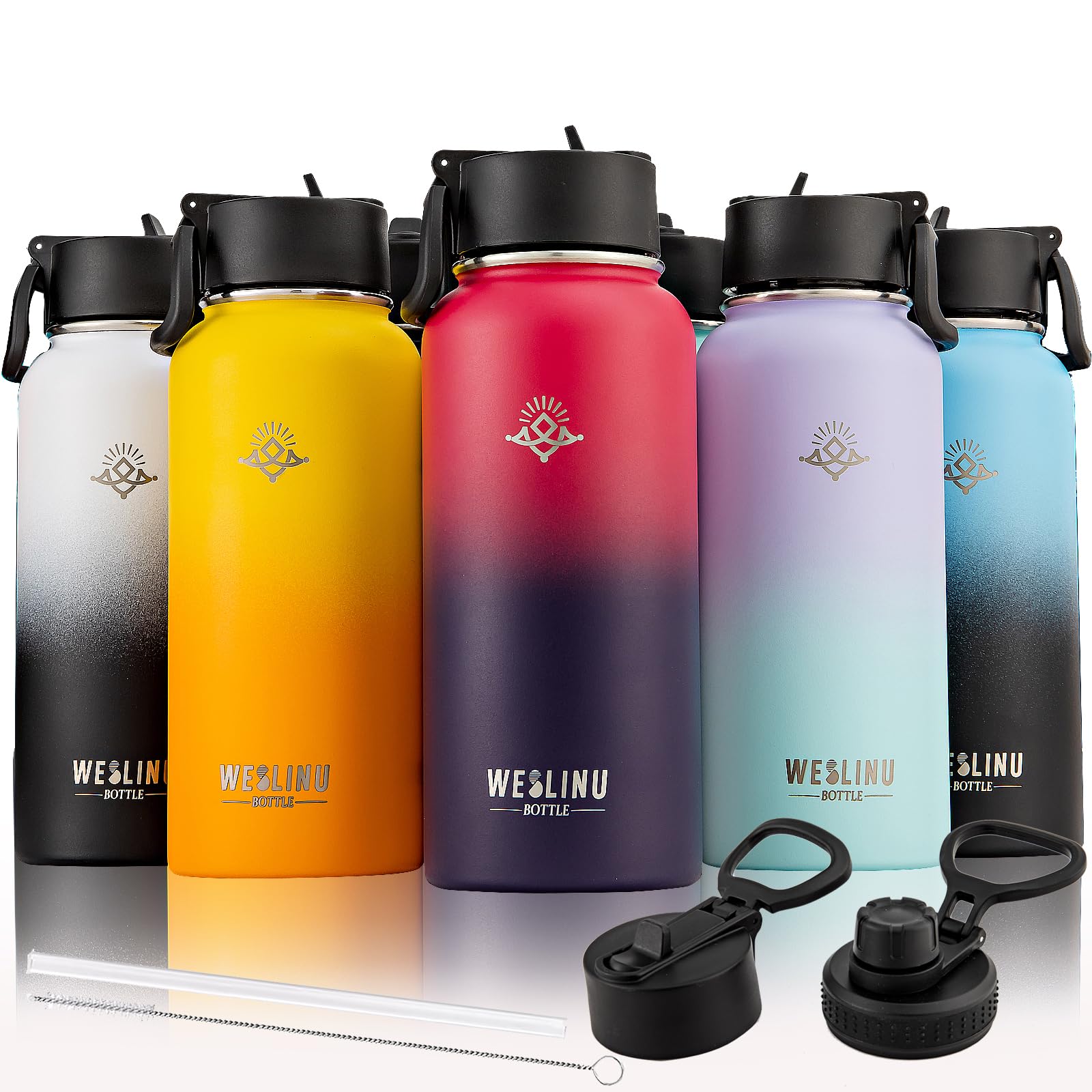 LANGE HOME Stainless Steel Water Bottle - Insulated Sport Water Bottle with Straw and Red Purple Gradient Design Cold Water Bottle BPA Free Hydroflask 32 oz Water Bottle