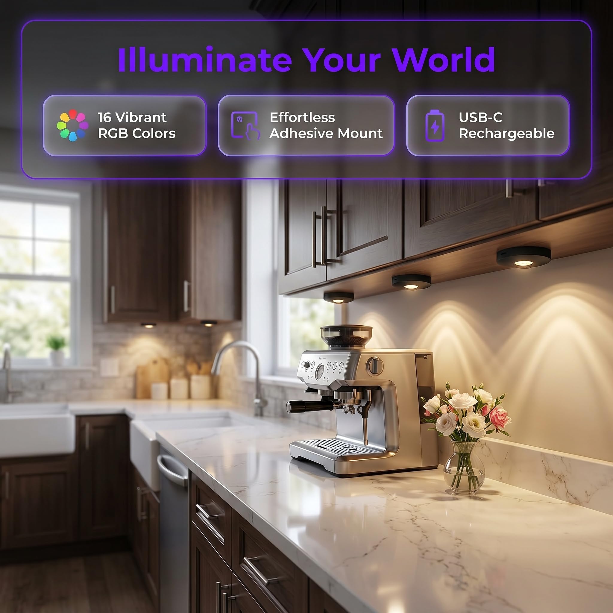 Luci magnetiche ricaricabili a disco, illuminazione RGB sotto armadio con telecomando e controllo touch, dimmerabili/3 temperature di colore/temporizzazione, luci adesive wireless per mensole