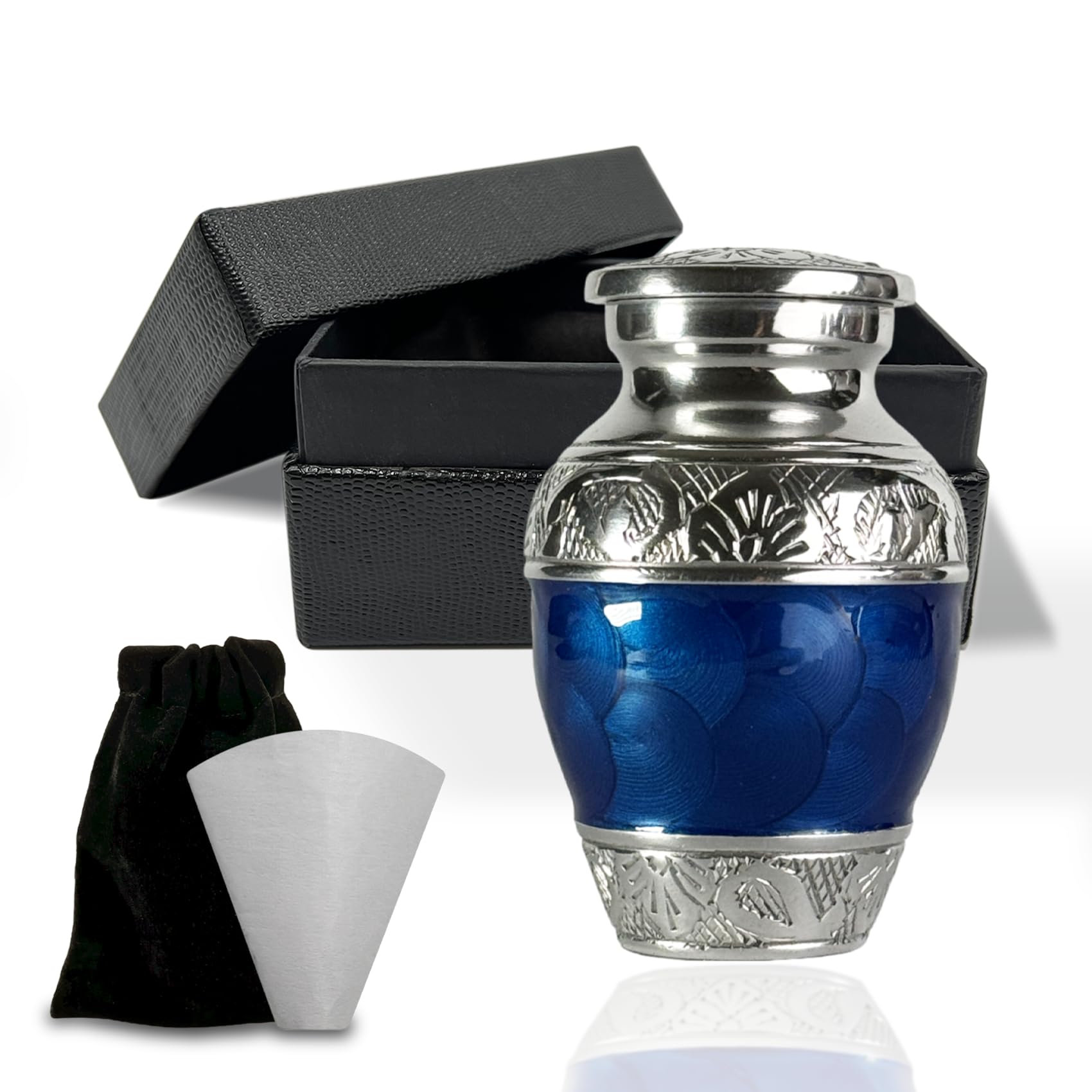 Handcrafted 3 Inch Small Urn, Mini Urn, Keepsake Urn for Ashes with Funnel and Velvet Bag (Navy Blue, Single Keepsake)