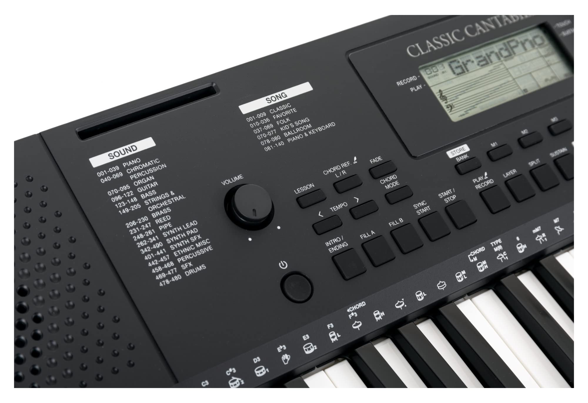 Classic Cantabile CPK-203 Keyboard, Polifonía de 64 notas, Voces: 480 | 61 teclas con respuesta táctil (3 niveles), Estilos: 160, Demos: 140, Canciones: 140, Tempo: 5-280 bpm, Función layer y split
