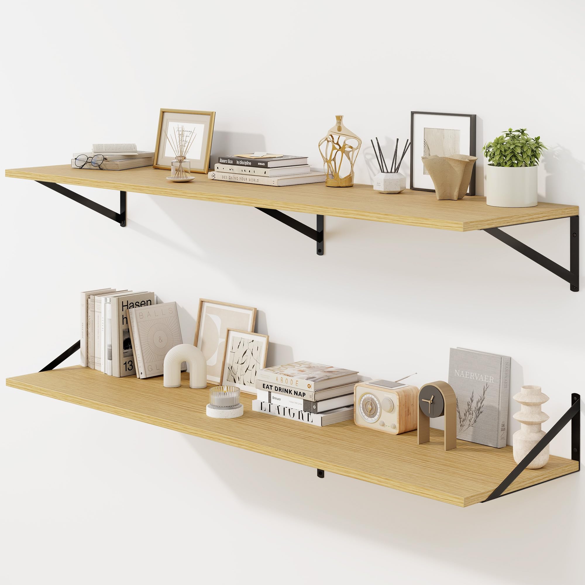 Fun Memories Floating Shelves for Wall, 30 cm Deep Floating Shelves Set of 2, 140 x 30 cm Large Wall Shelf with Sturdy Metal Brackets for Living Room, Bathroom, Bedroom and Kitchen, Oak