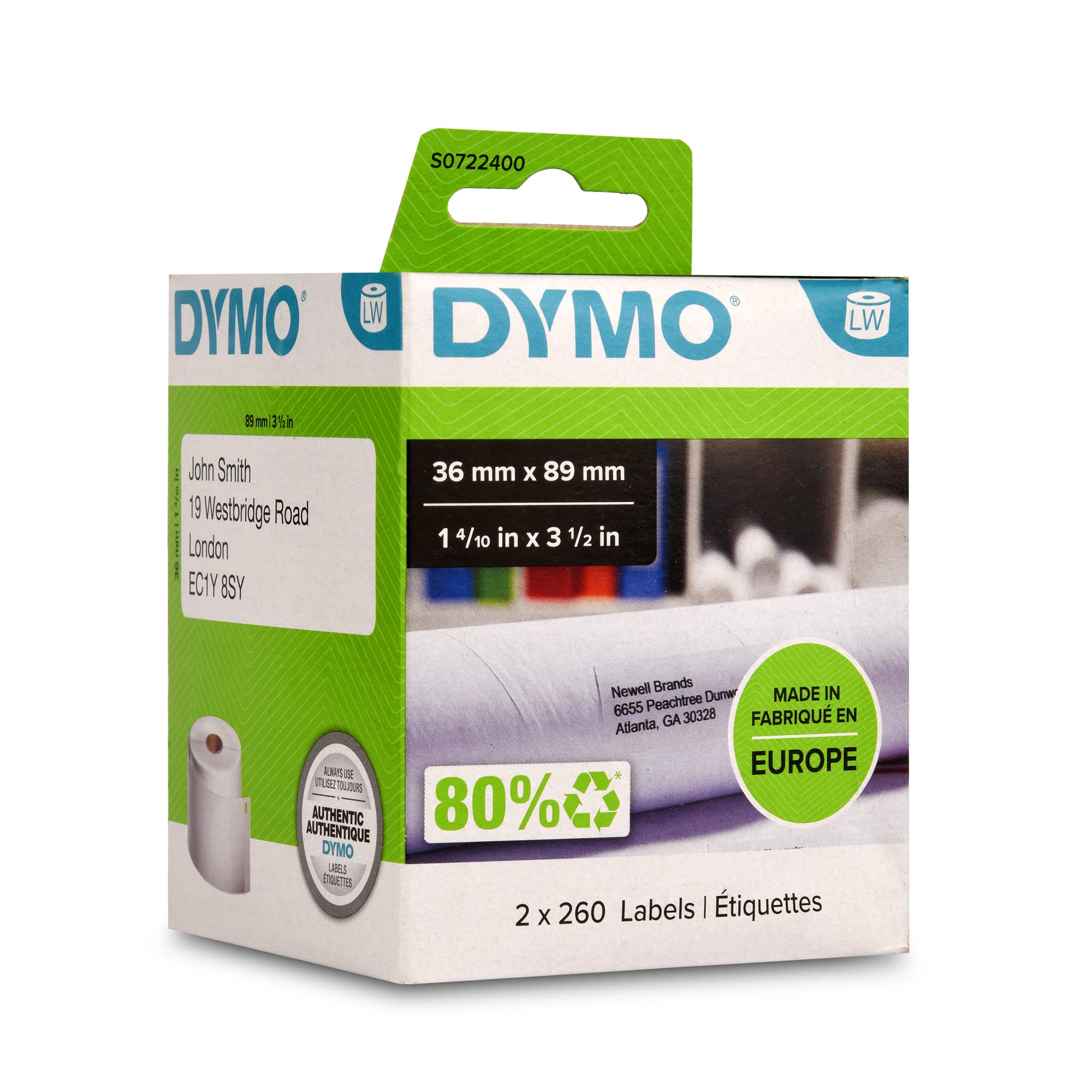 DYMO LW grandes étiquettes d'adresse autocollantes authentiques | 36 mm x 89 mm | impression en noir sur fond blanc | 2 rouleaux de 260 étiquettes (520 étiquettes) | pour les étiqueteuses LabelWriter