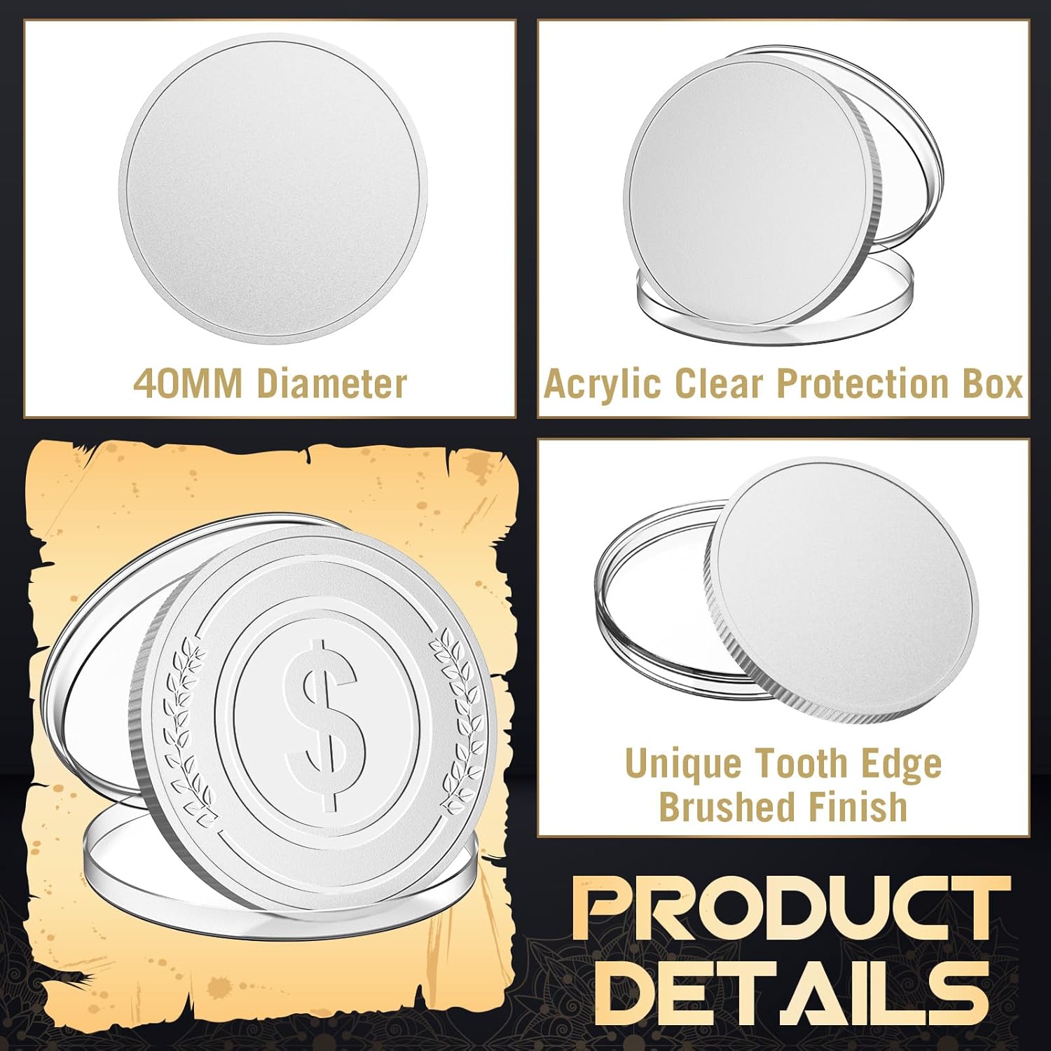 24 Pcs Blank Challenge Coin, Engraving Blanks Coins Threaded Edged 40 mm with Acrylic Protection Box Laser Engravable Pattern for DIY Crafts Commemorative Collection