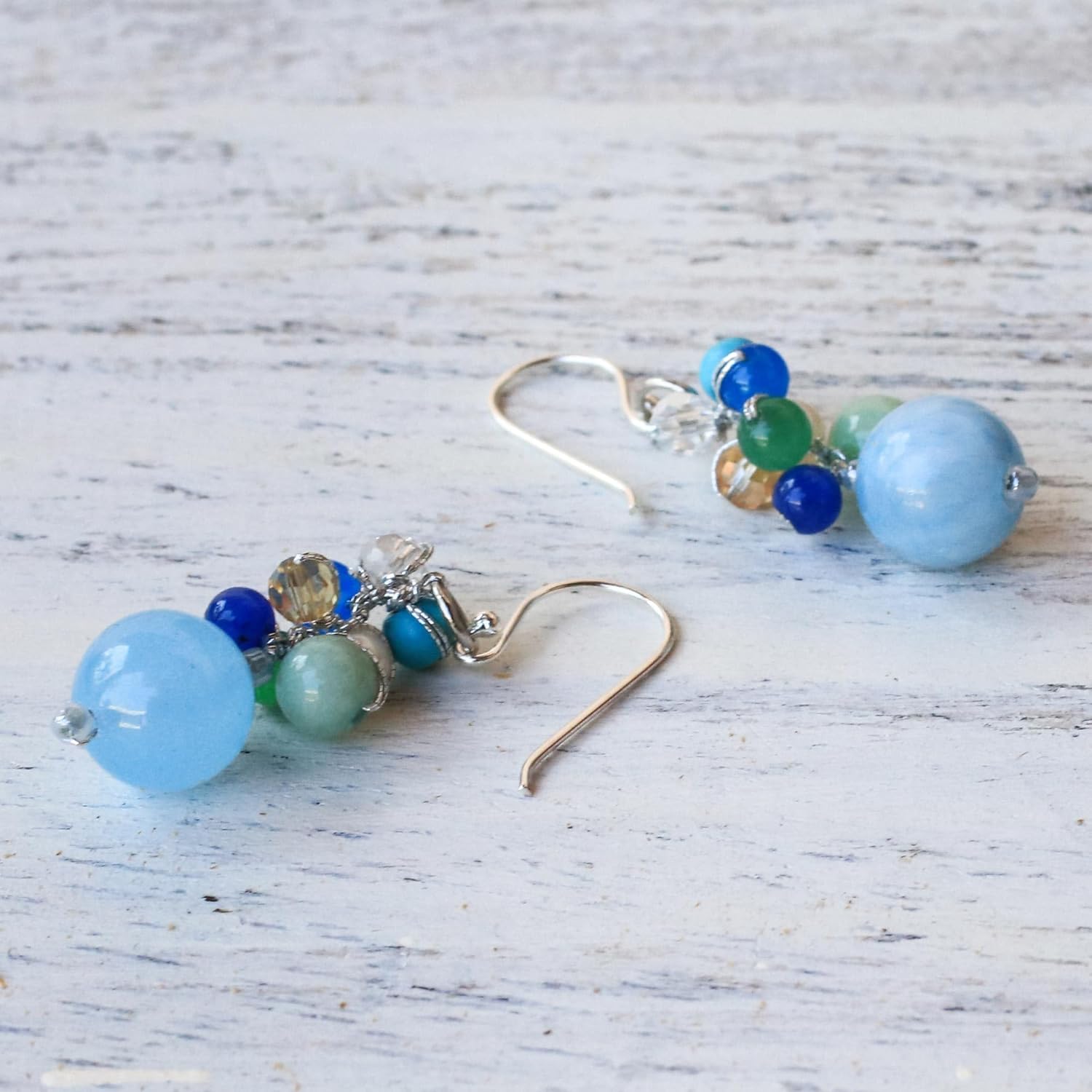 NOVICA Artisan Handcrafted Dyed Quartz Earrings | Sterling Silver Calcite | Cultured Freshwater Pearl | Beaded Bead Dangle | Long French Wire | Blue Multigemstone | Thailand 'Happy Bunch' 1.6"L x