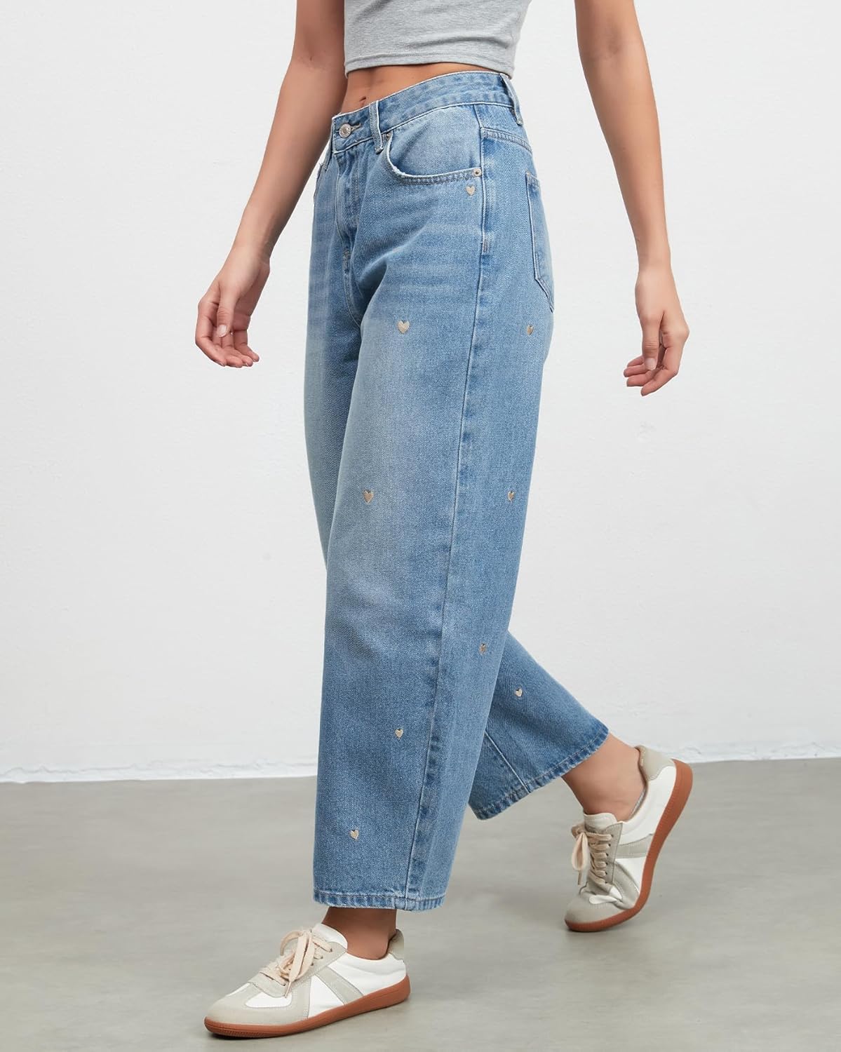 Women's Wide Leg Baggy Jeans Boyfriend Straight Leg Tapered Jeans Embroidered Heart Ankle Denim Pants - Image 5