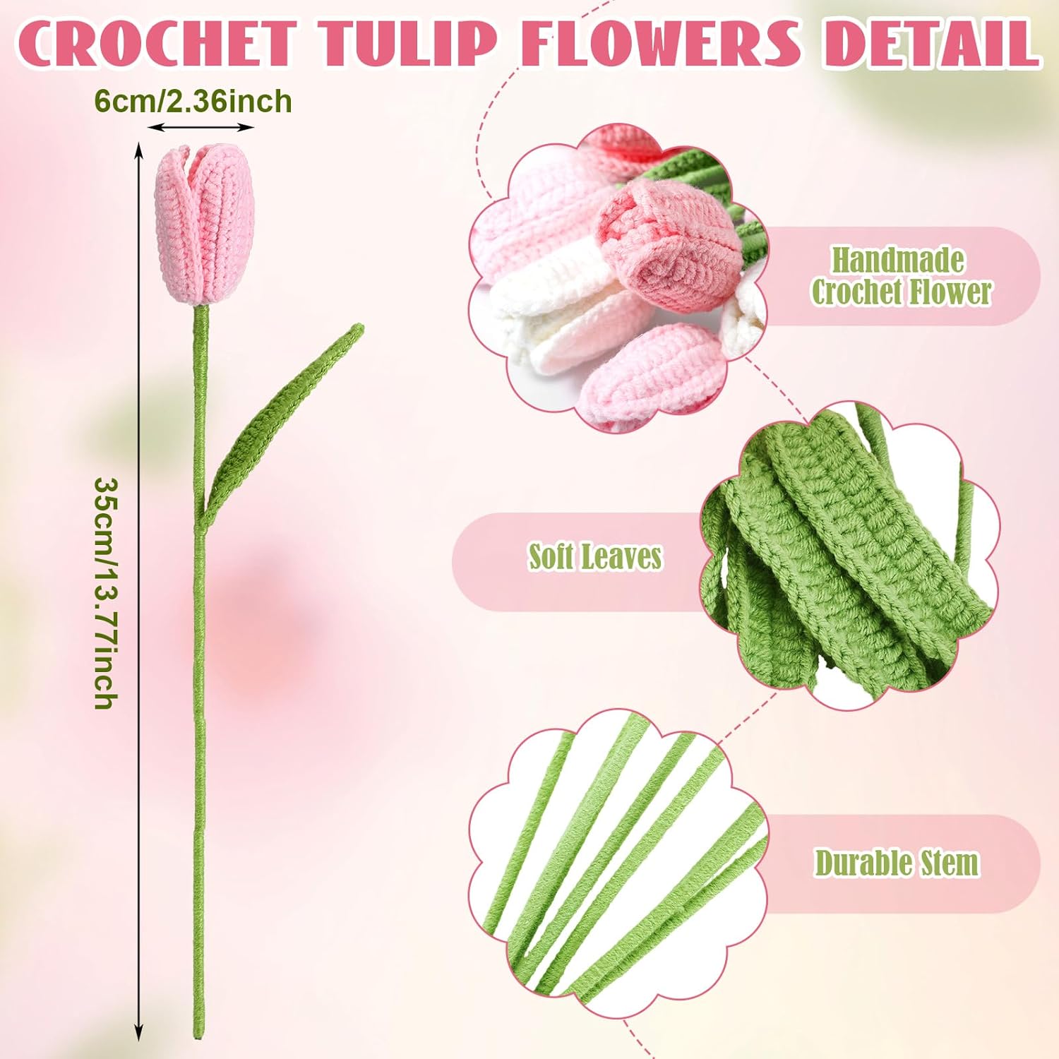 Shihanee 10 Pcs Tulip Crochet Flowers Bouquet Handmade Knitted Flower Decor Birthday Gifts for Mom Mother's Day Women Grandma Spring Home Vase Centerpiece, 13.7"(Pink, White)