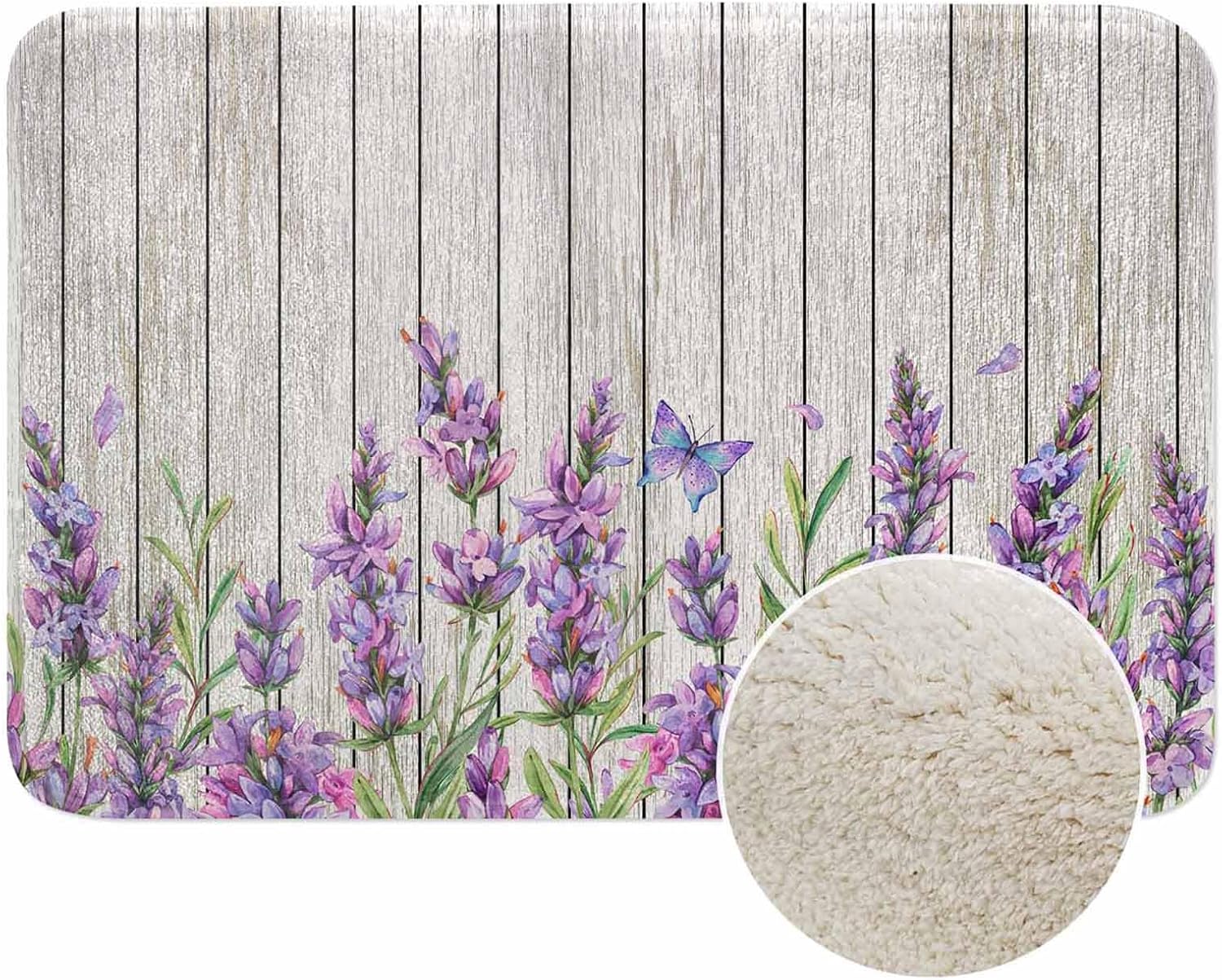 Watercolor Lavender Flowers Bath Mat for Bathroom On Wood Background Bath Rugs Door Mat Non Slip Rubber Backed Bathroom Floor Mat for Bathtub Sink Shower 20"X32"