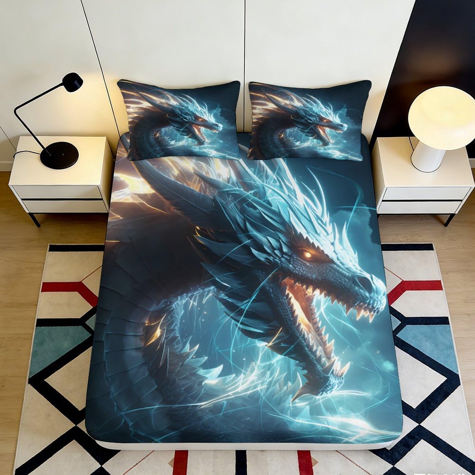 3D Printed Blue Dragon Fitted Sheet Microfiber Soft Non Slip Fire Serpent Mattress Cover Bedroom Decor 90x200x25cm