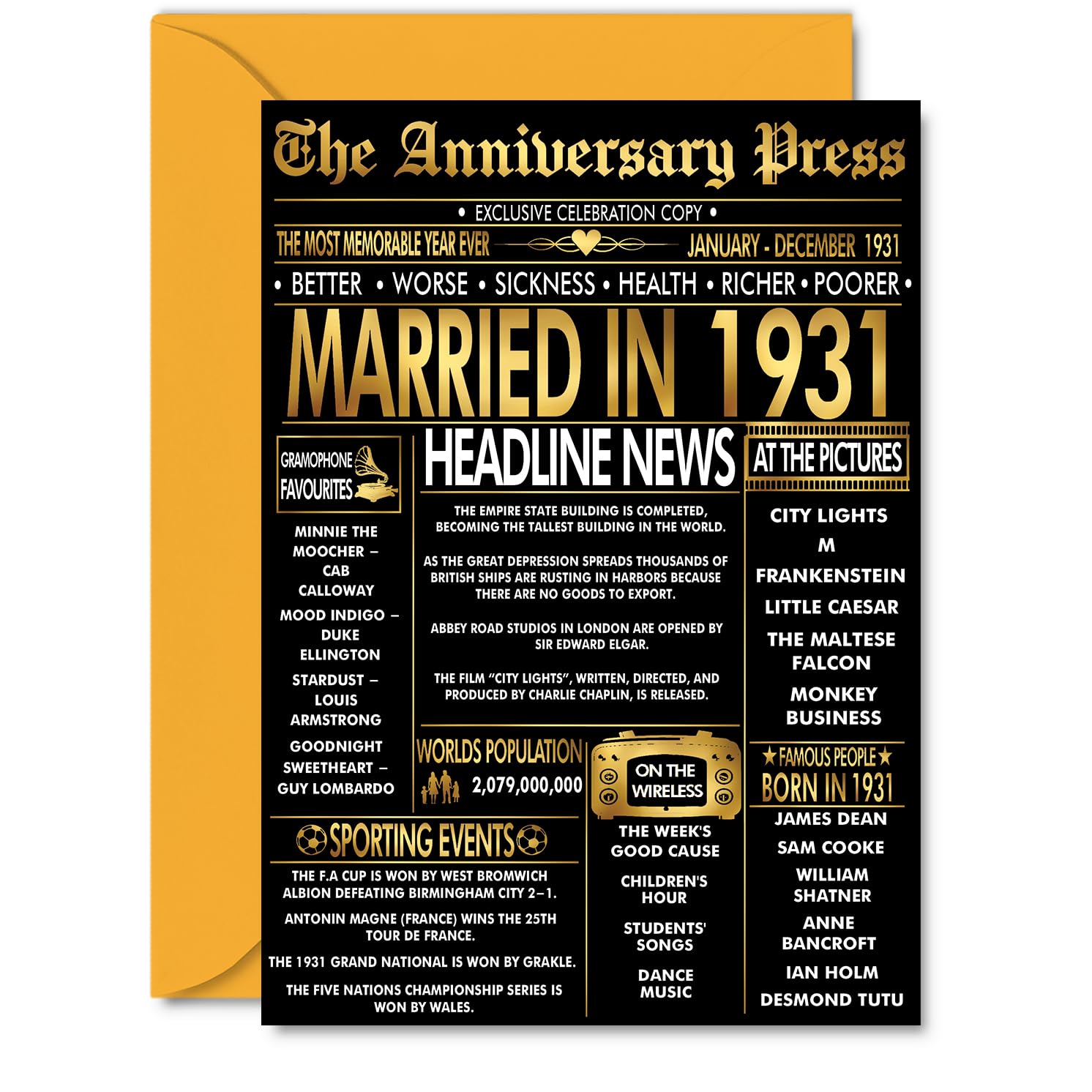 Gold 95th Anniversary Card for Men Women - Golden Newspaper Married in 1931-95 Year Wedding Anniversary Card for Wife Companion Husband Partner, A5 Anniversaries Greeting Cards