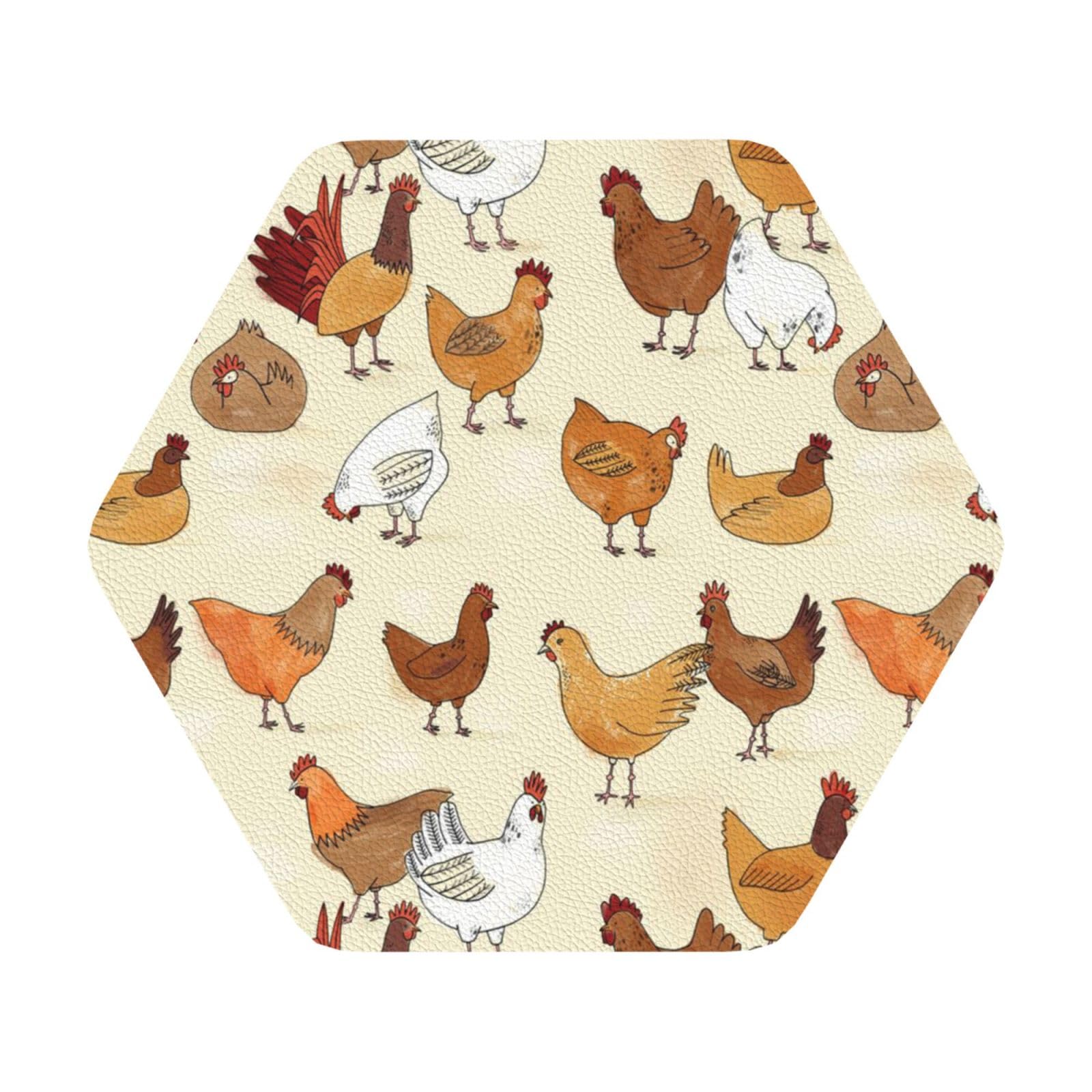 Chicken Pattern PU Leather Coasters Set of 6 Hexagon Drink Coasters