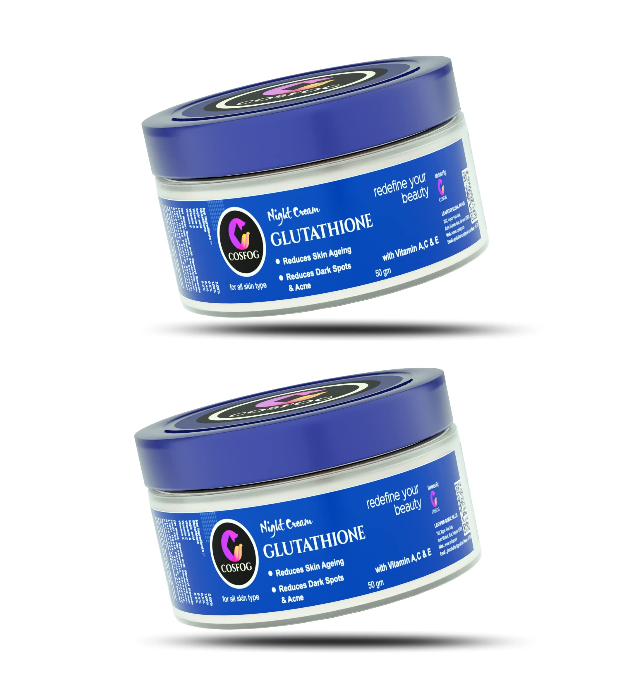 Glutathione Cream with Kojic Acid, Vitmain A, C & E, Coconut oil, Reduce Fine Lines, skin whitening, Wrinkles free, 100 gm