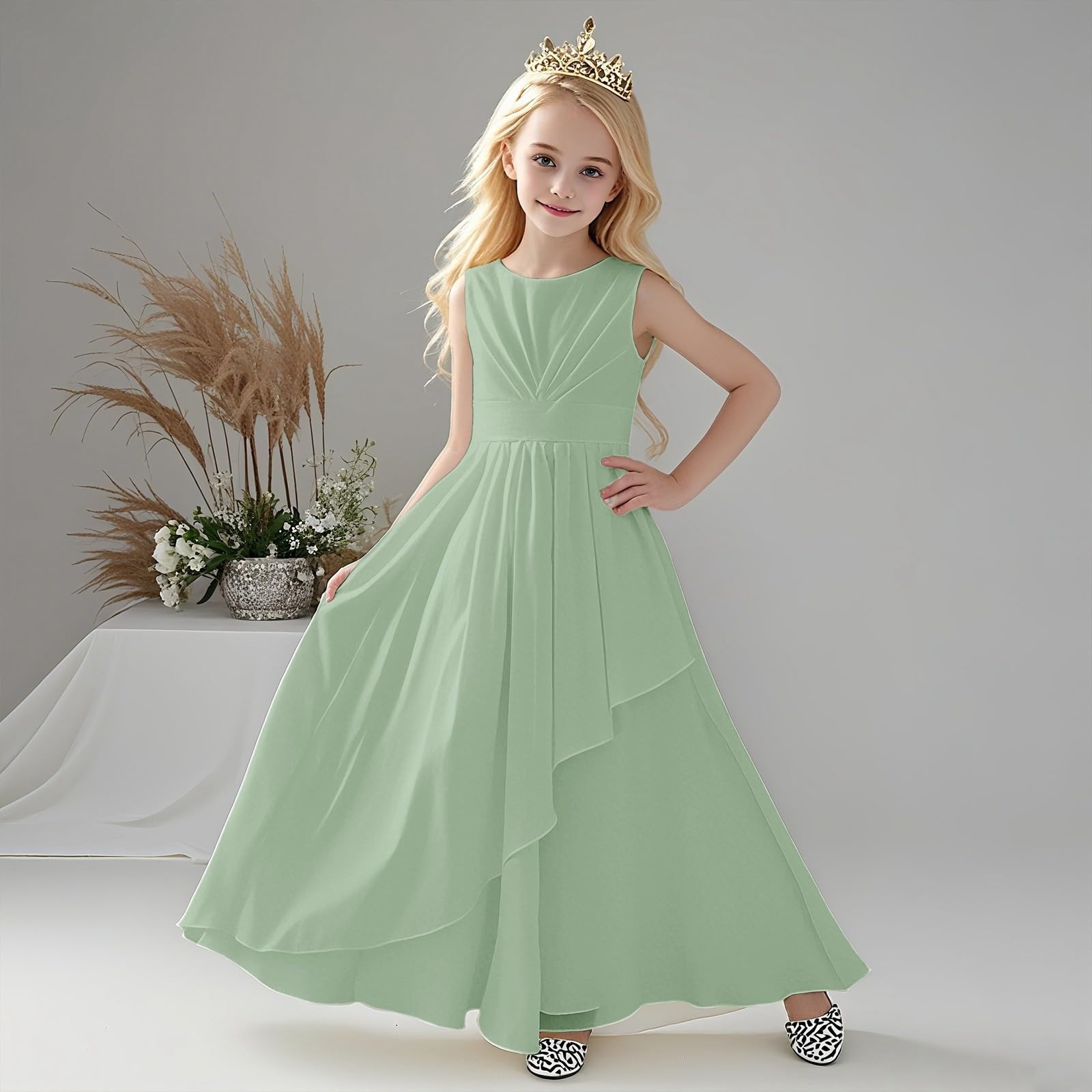 Generisch Abito da bambina, elegante, senza maniche, con scollo rotondo, per esibizioni, matrimoni, eventi all'aperto, perfetto per