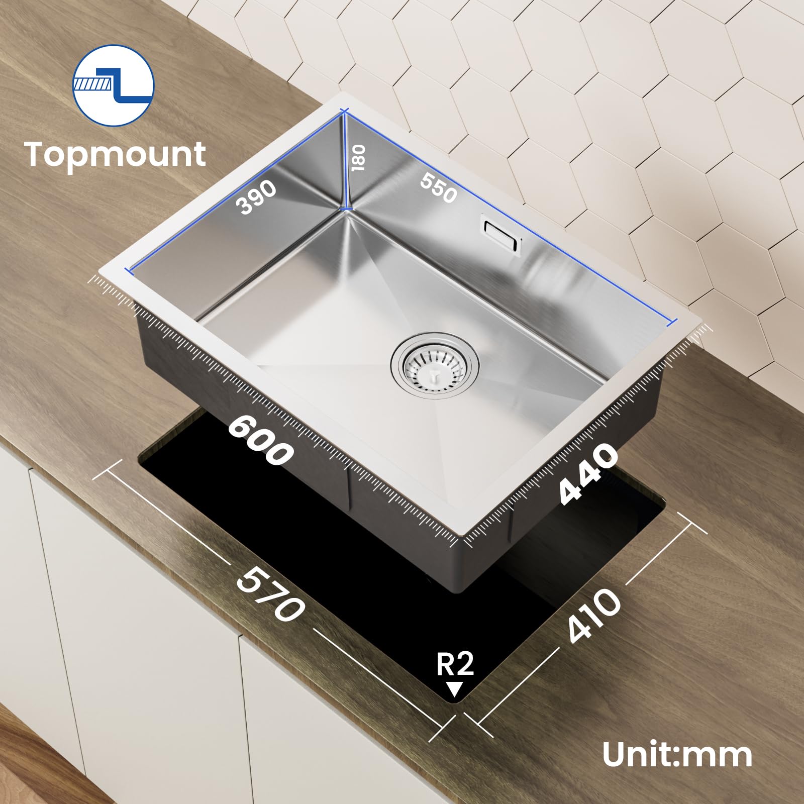 CECIPA Spülbecken Küche 60x44cm, Spüle Edelstahl 304 Eckig inkl. Siphon | Waschbecken Küche für Unterschränke ab 60 cm Breite, Küchenspüle 1 becken Einbauspüle Edelstahlspüle